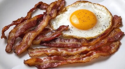 A plate of crispy bacon strips with eggs sunny side up. Featuring indulgence and breakfast