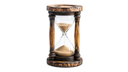 A beautifully crafted hourglass with a wooden frame, , showing the fine grains of sand inside.