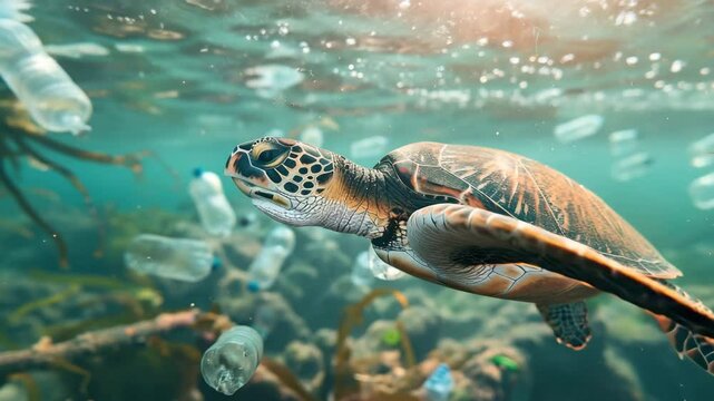 Marine plastic pollution. Global ecology problems of humanity. Lots of junk in the water. Environmental issue. Polluted sea or ocean. Rubbish, trash and garbage. Underwater coral reef.