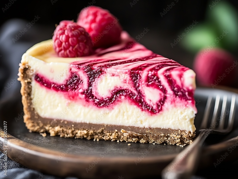 Poster irresistible raspberry cheesecake slice with vibrant swirls and fresh raspberries on a plate : gener