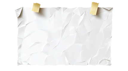 A blank white note paper with a slightly crumpled texture, secured with a piece of beige adhesive tape at the top, minimalist and clean design,