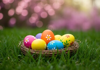 Fototapeta premium Colorful Easter Eggs in a Nest on Green Grass with Bokeh Background for Holiday Season.