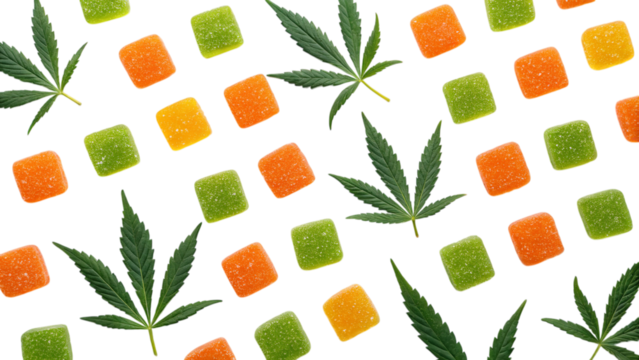 Vibrant cannabis-infused gummies arranged in a delightful pattern against a clean white background showcasing a playful and tempting treat.