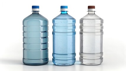 Fototapeta premium hree large plastic water bottles, likely gallon or multi-liter jugs, stand side-by-side in a row against a clean white background. 
