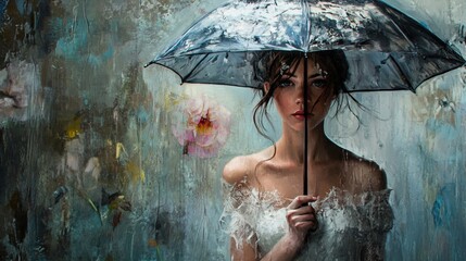 Woman with umbrella in a painted backdrop