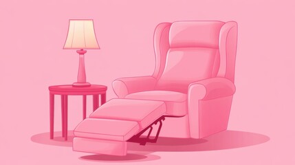 Stylish and Cozy Pink Recliner in a Soft Pastel Room with a Matching Side Table and Lamp for a Relaxing Atmosphere