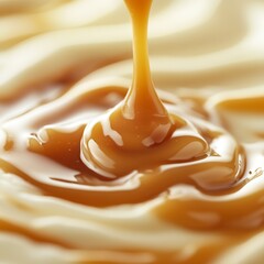 Golden caramel sauce gracefully drizzling over a creamy layer of rich dessert filling : Generative AI