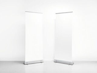 Two Blank Roll Up Banner Stands in White Room