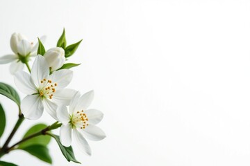 Obraz premium Delicate white flower blossoms against a stark white background , organic, background, aesthetic