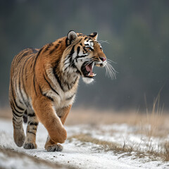 Obraz premium Striped Siberian predator, a big feline in snowy wildlife