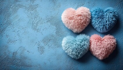 Cute, pastel-colored, heart-shaped fur balls on a blue background, with copy space available. 