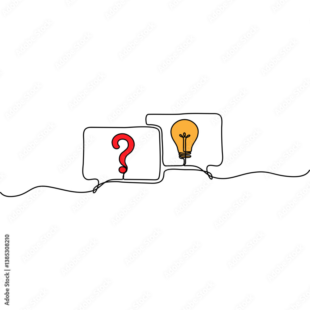 Poster speech bubbles with question mark and lightbulb continuous line art drawing. creative idea symbol. d
