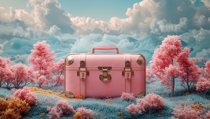 Cute suitcase-shaped landscape background with trees and hills, simple pastel colors