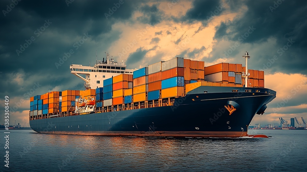 Aufkleber container ship with numerous colorful cargo boxes navigating calm waters beneath a stormy sky : gene