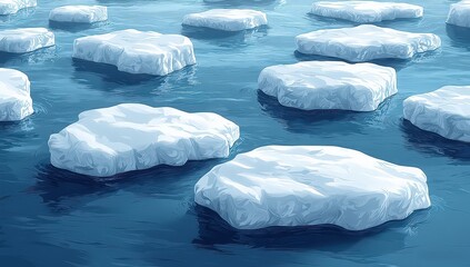  ice floes white, snow-covered rocks floating on the ocean surface. 