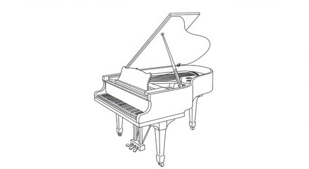 Minimalist Monochrome Outline Drawing of a Grand Piano with Open Lid