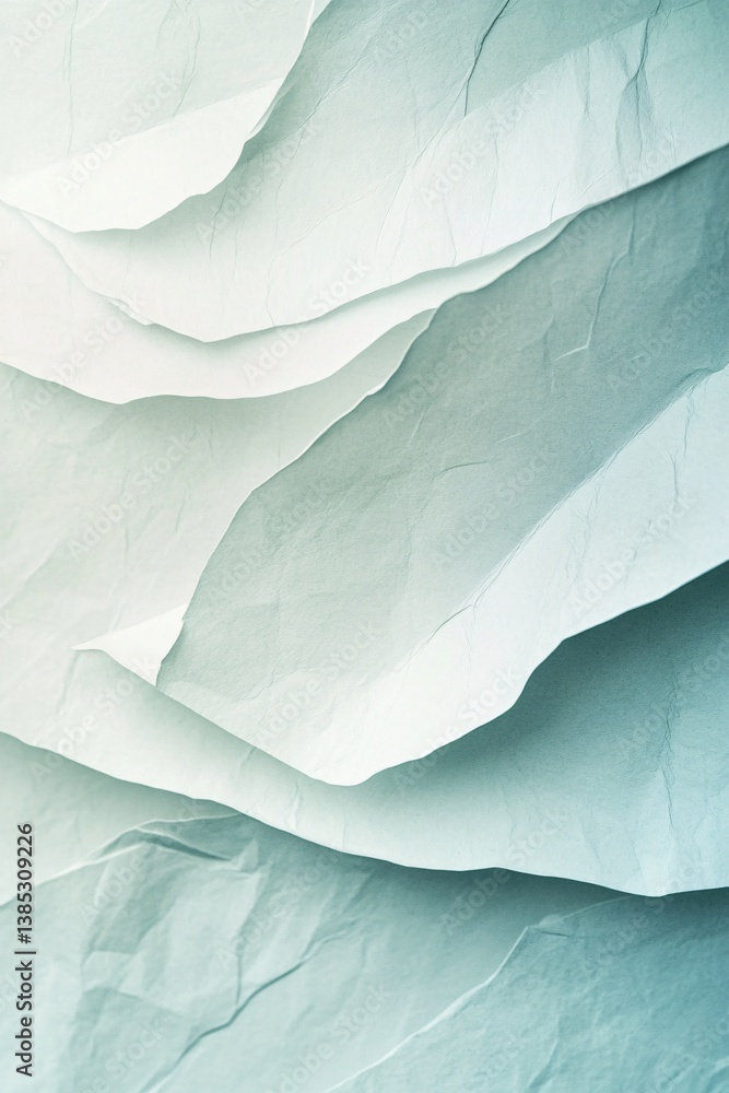 Poster abstract background of crumpled white paper creating dynamic waves, illuminated with cyan green grad