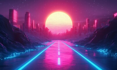 Trendy retro futuristic pink and blue neon lights 3d road among cyberpunk city with sun on background. 3D render. Retrowave VJ videogame landscape, neon lights and low poly terrain grid. Seamless