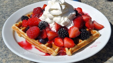 Waffle topped with berries and whipped cream
