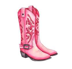Colorful hand drawn watercolor of pink cowboy boots showcasing intricate designs and classic Western style