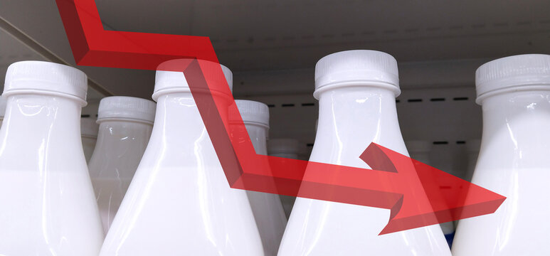 Red down 3d arrow on milk bottle background. Bar charts. tariffs. Inflation. Retail industry. Finance and Economy. Market. Grocery Store. Food crisis. Dairy product. Fall in demand. price reductions