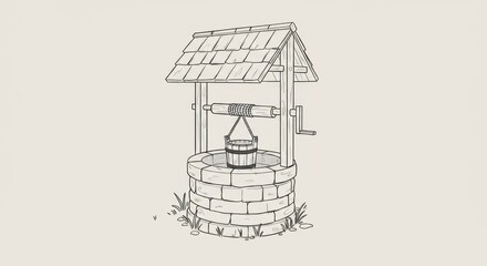 Obraz premium Minimalist Monochrome Outline Drawing of a Wishing Well with Bucket