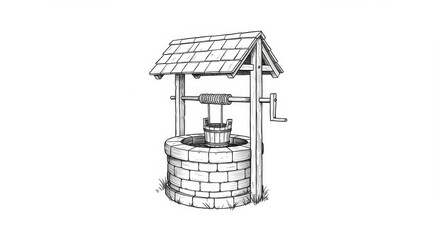 Minimalist Monochrome Outline Drawing of a Wishing Well with Bucket