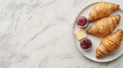 A plate of croissants with butter and jam. Featuring flakiness and indulgence