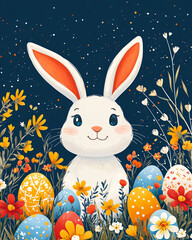 White Easter bunny on eggs hunt background