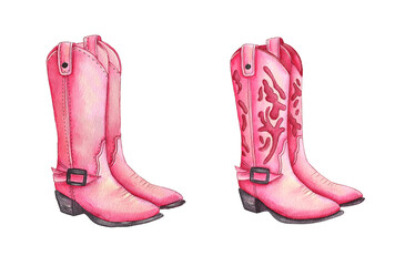 Colorful hand drawn watercolor of pink cowboy boots showcasing intricate designs and classic Western style