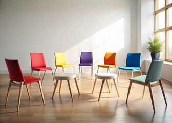 Fototapeta premium Empty Chairs Group Therapy Session Psychologist Office White Background PNG