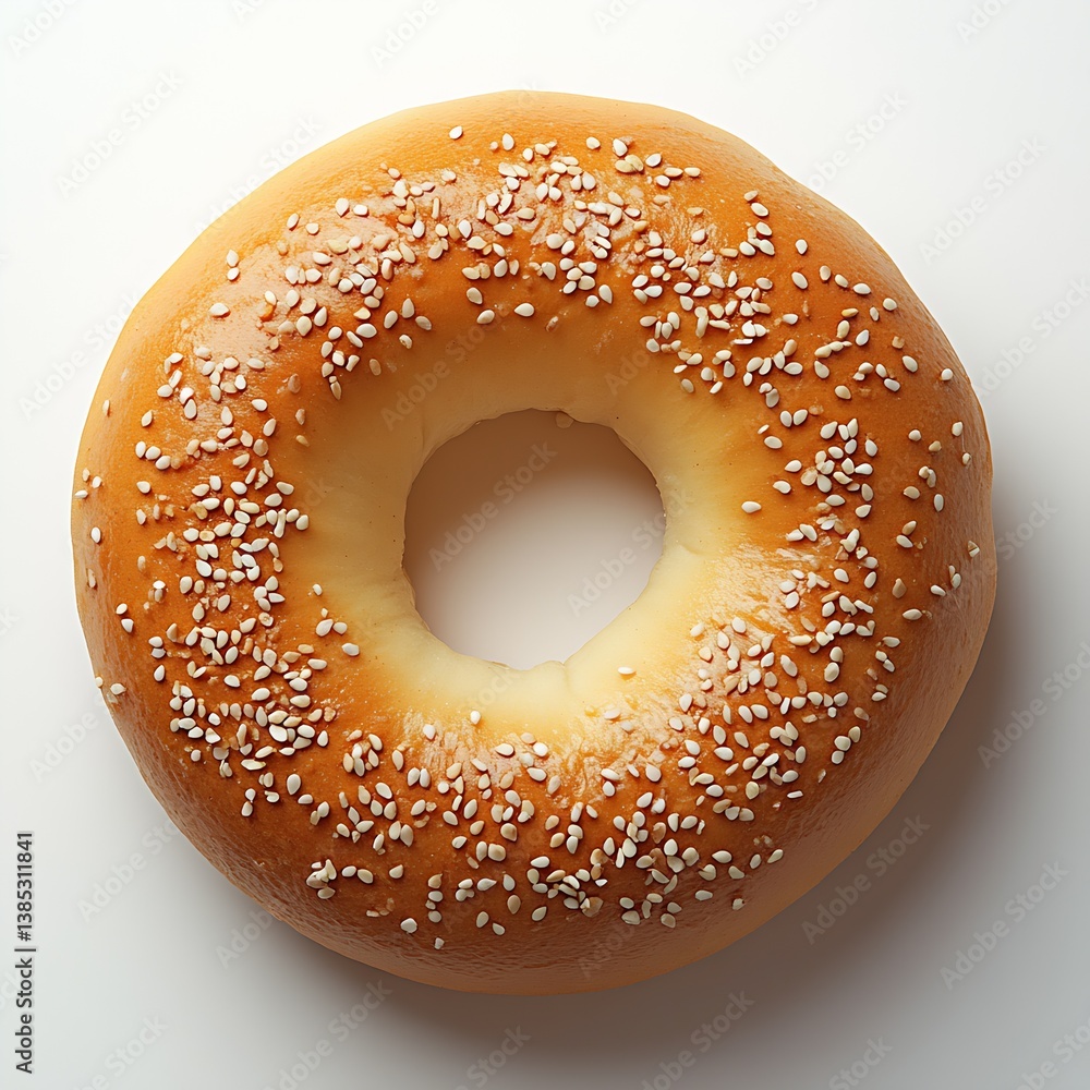 Poster golden toasted bagel sprinkled with sesame seeds displayed on a neutral surface emphasizing its roun