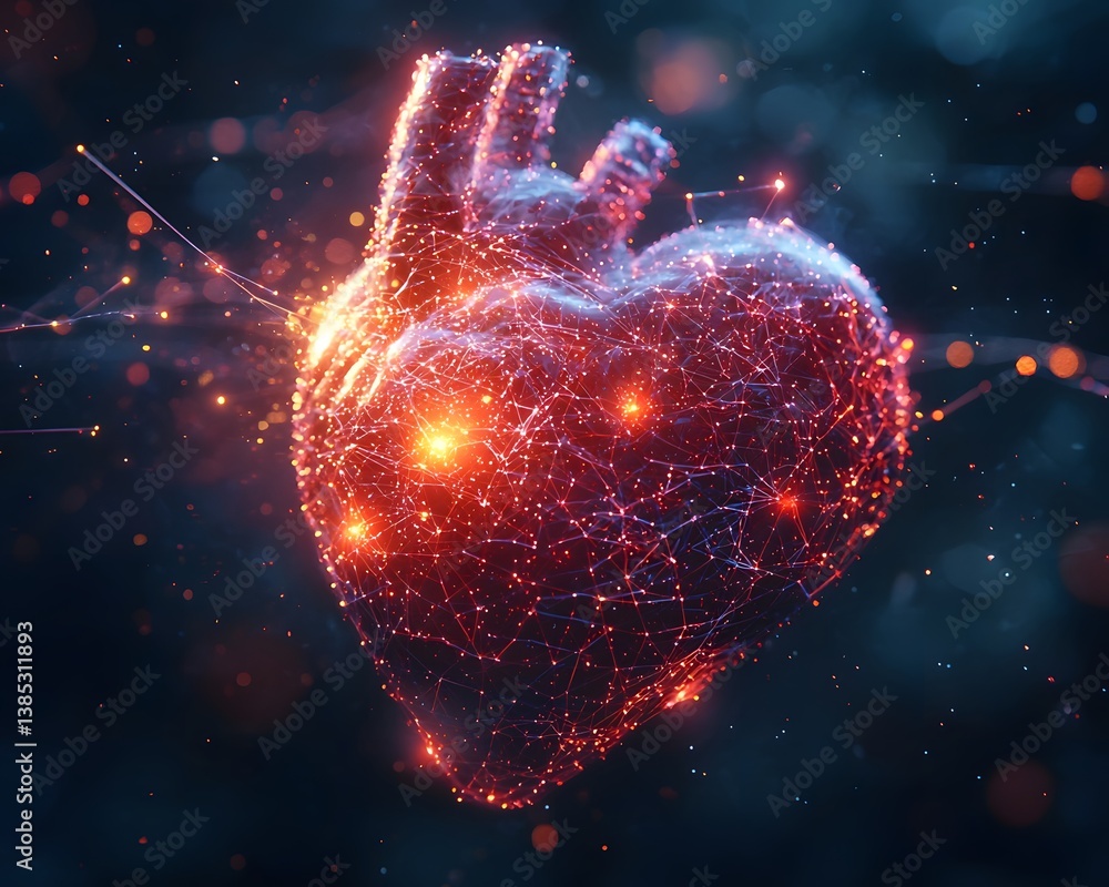 Poster glowing heart and digital connections symbolizing emotion processing through