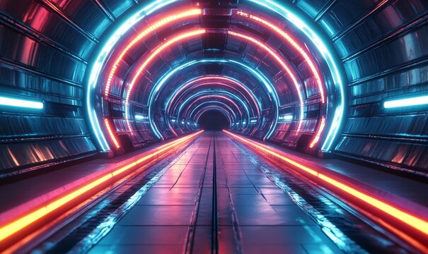 Sci-fi technolog structures. Hi-tech neon sci-fi tunnel. Trendy neon glow  pattern and construction - alien mechanism. Fly through technology cyberspace. 3d looped seamless 4k. Cyberpunk, - Powered by Adobe