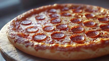 Delicious pepperoni pizza on wooden board, outdoor setting, sunset light