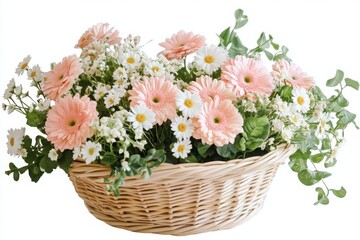 Pastel Floral Arrangement In A Wicker Basket With Rustic And Vintage Appeal