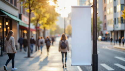 Urban street banner mockup in soft sunlight, advertising concept