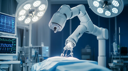 An AI powered robot performing precision surgery with real time patient data analysis, surgical room with real-time patient monitoring data and robotic surgery arms, Medical technology style