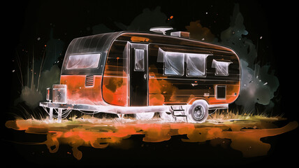 Camper by night. Motorhome illustration solated on a black background.