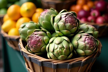 Fototapeta premium Fresh artichokes in a rustic basket at the farmer’s market, organic, agriculture, fresh