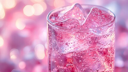 Refreshing pink soda with ice cubes and fizzy bubbles, served in a glass, emphasizing a cool summer drink