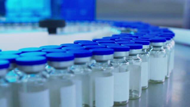 Pharmaceutical production. Glass vials move along the production line