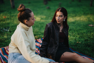 Two young women seated on a blanket in a green outdoor setting, sharing a conversation and enjoying...