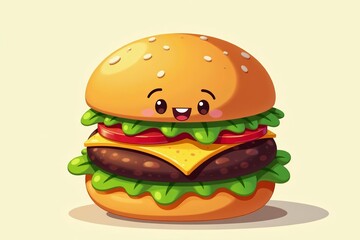Fun and whimsical illustration of a hamburger with smiling cartoon faces on burger components like beef patty, lettuce, and tomato, burger, whimsical, hamburger