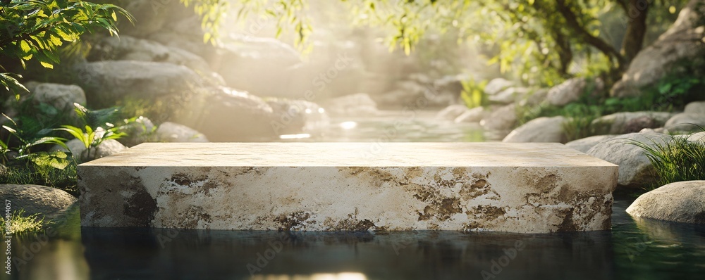 Aufkleber empty stone podium over water surface reflecting sunlight with rocks and trees for product placement