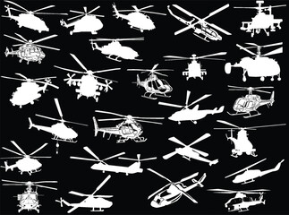 twenty five helicopter silhouettes isolated on black