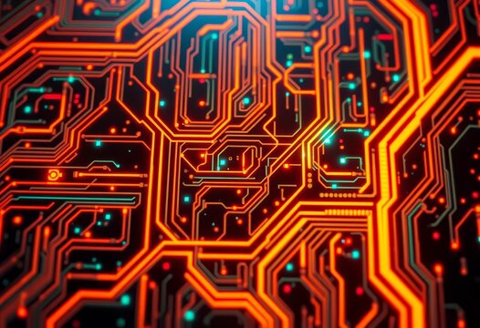 Futuristic neon-lit circuit board texture with digital glitch effect, binary, design - Powered by Adobe