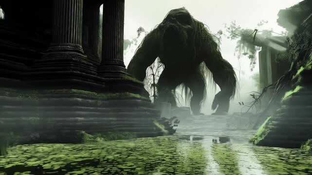 Massive mossy gorilla wandering through ancient crumbling ruins, emerging from dense foggy swamp landscape with haunting prehistoric atmosphere