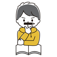 鼻と口の間に鉛筆をはさむ男の子のイラスト　考える　黒髪	　