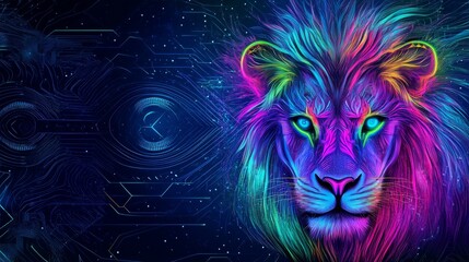 A cyberpunk Kenyan lion with neon streaks in its mane, prowling through a futuristic African city